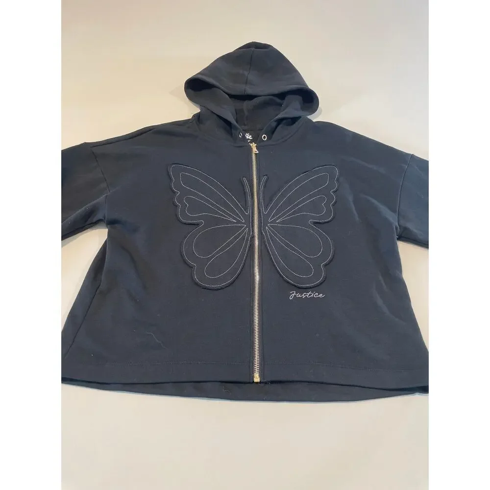 Justice Black Full‑Zip Hoodie Size XL 16/18 NWT Butterfly Detail